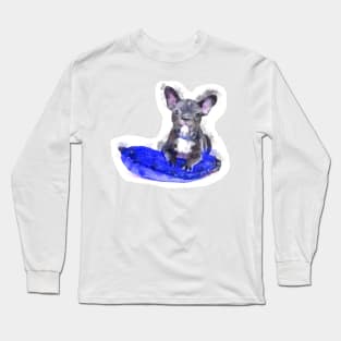 Cute Black And White Bulldog Puppy On A Blue Cusion Digital Portrait Long Sleeve T-Shirt